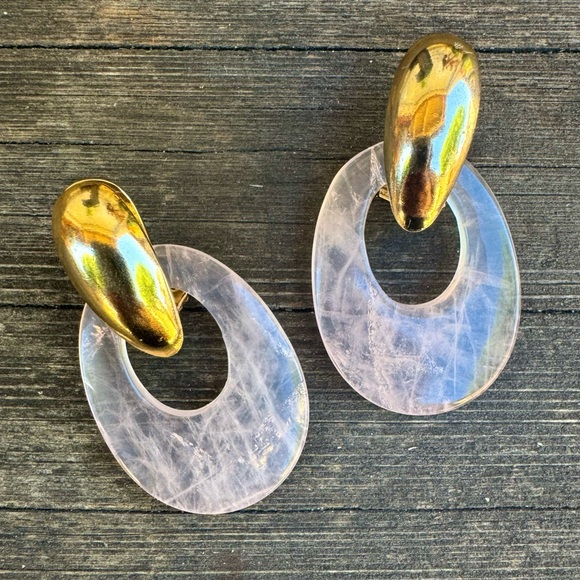 Vintage 🖤 80s Retro Gold Tone & Rose Quartz Pink Dangle Drop Chunky Earrings - Picture 8 of 8
